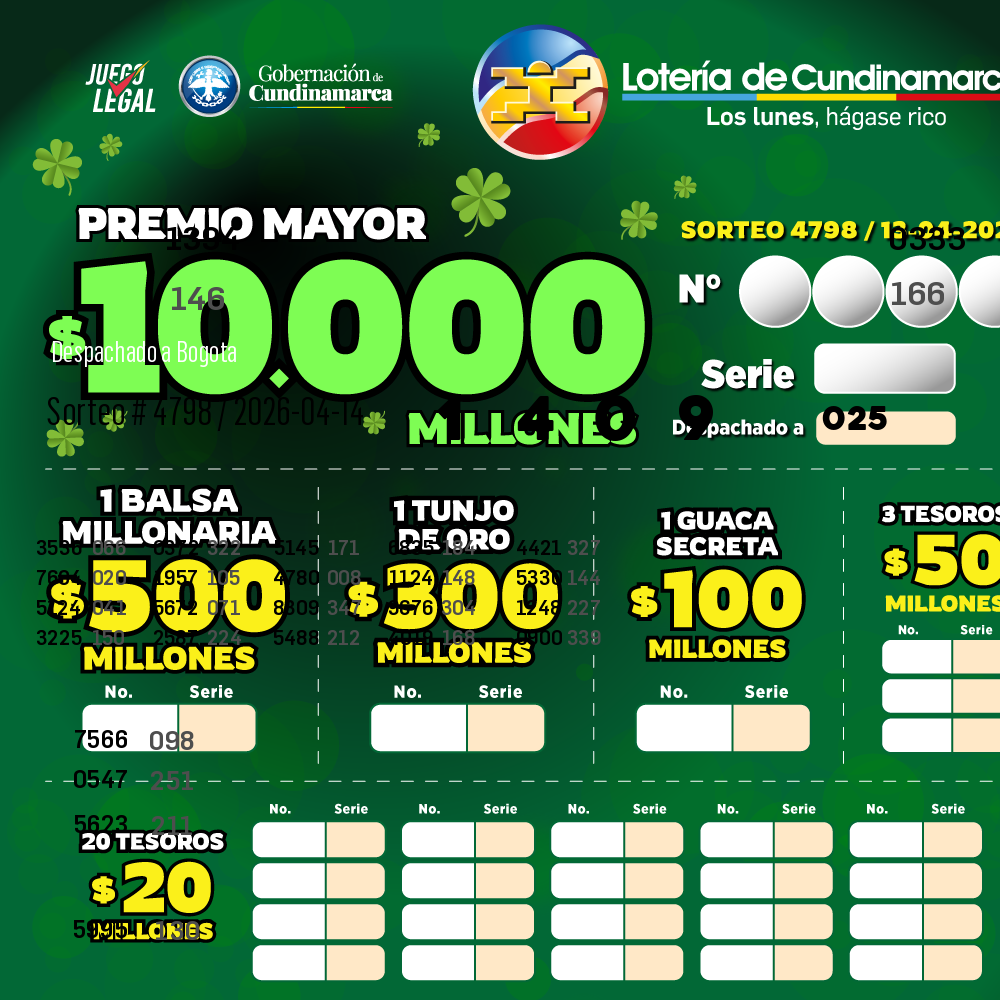 Resultados del Sorteo 4792, Premio Mayor 7346 con la serie 084 despachado en la ciudad de Bogota